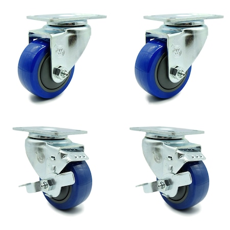 3.5 Inch Blue Polyurethane Wheel Swivel Top Plate Caster Set With 2 Brakes SCC